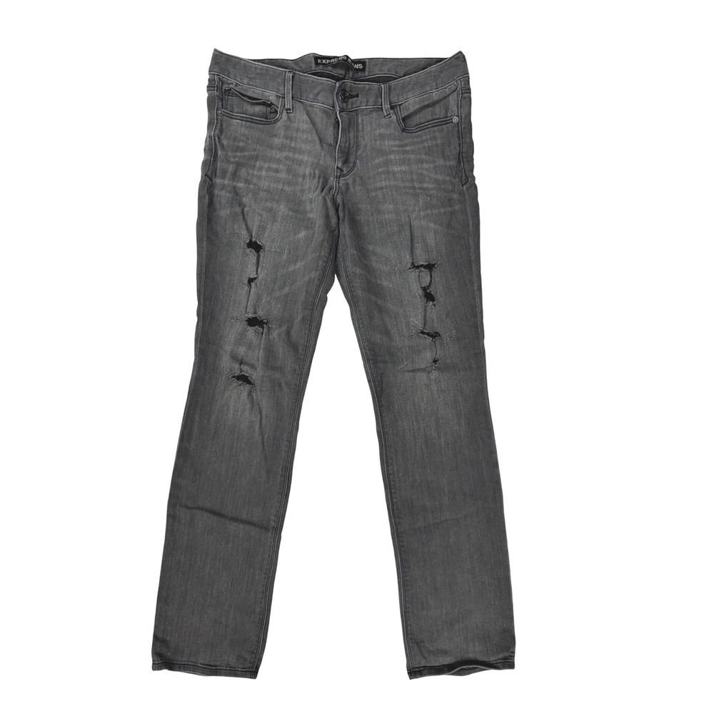 Express Jeans Mia Mid Rise Skinny Gray Distressed Ripped Denim Womens Size 10